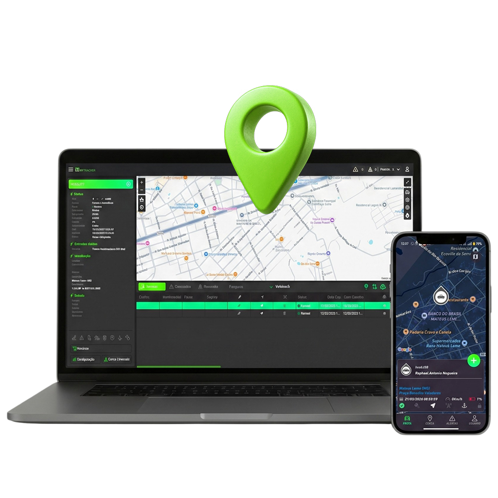 Sistema MY TRACKER em laptop e celular